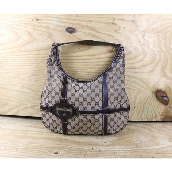 Vintage Gucci GG Royal Canvas Leather Hobo Dark Brown Medium Logo Handbag - Picture 1 of 16